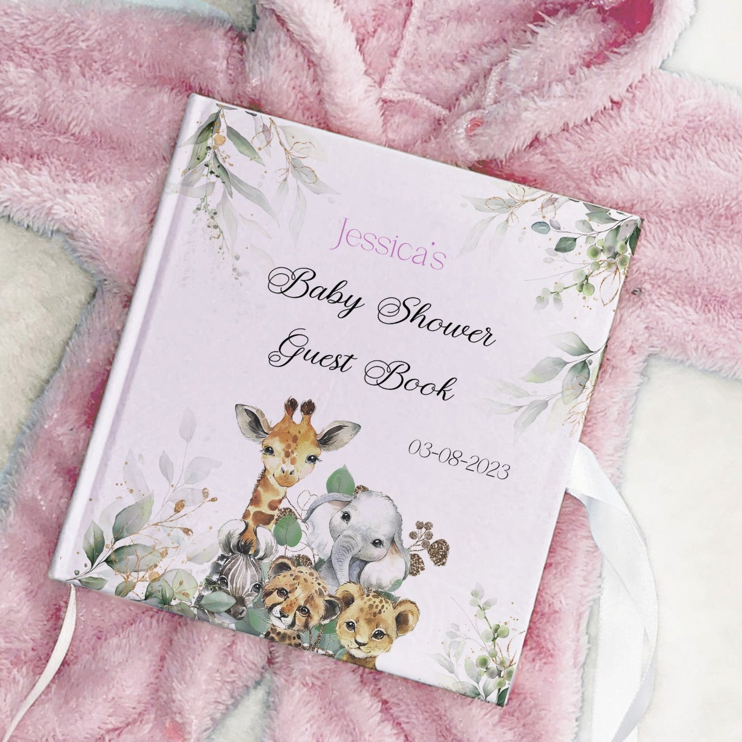 Eucalyptus Safari Animals Personalised Baby Shower Guestbook with Ribbon