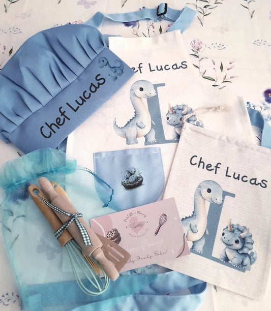 Personalised Kids Dinosaur Apron & Chef Hat Set | Custom Baking Gift