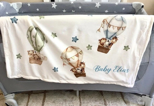 Safari Animals Balloon Print Personalised Baby Blanket Set