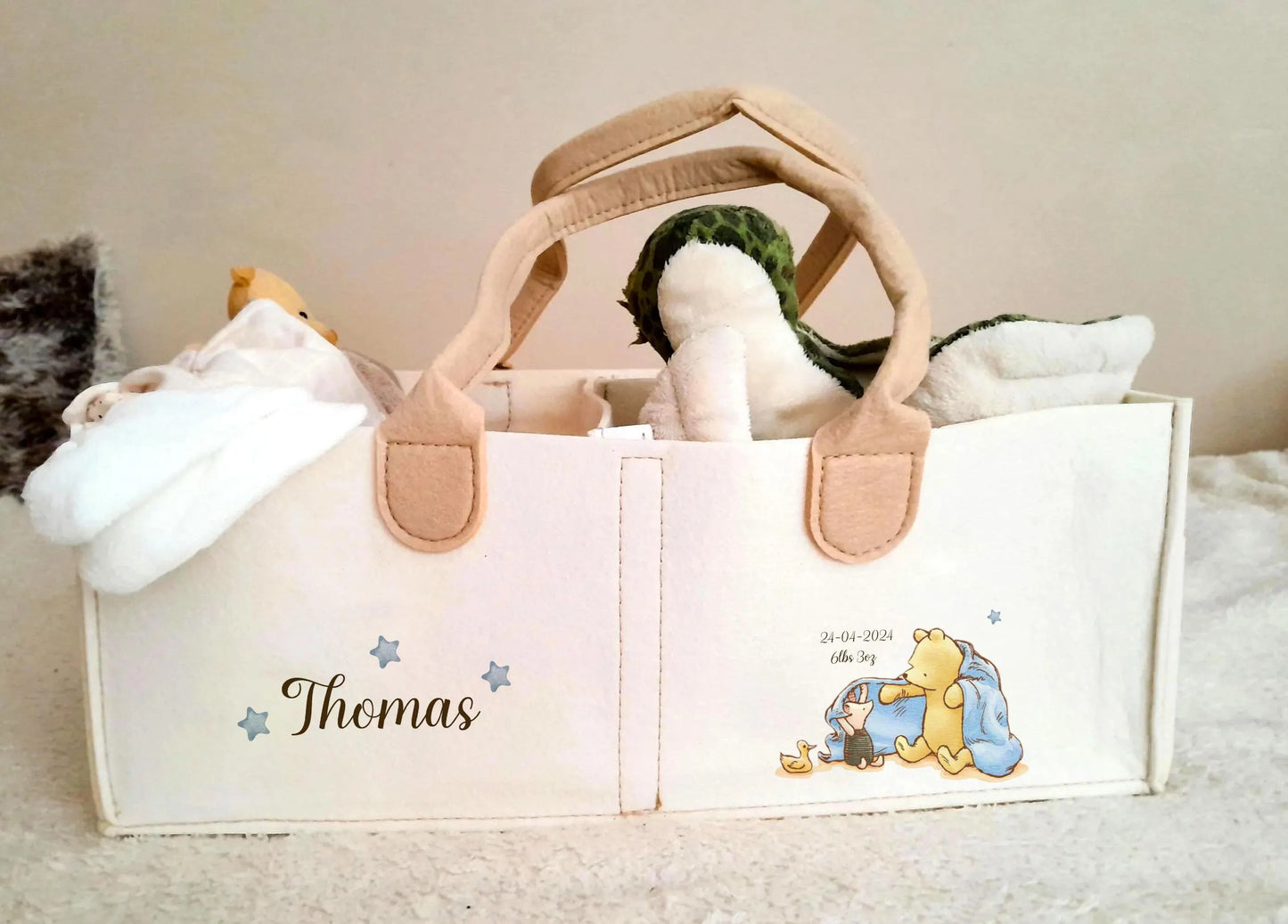 Personalised Pooh Bear Birth Announcement Blanket, nappy cuddy, Watercolour Nursery Throw gift set