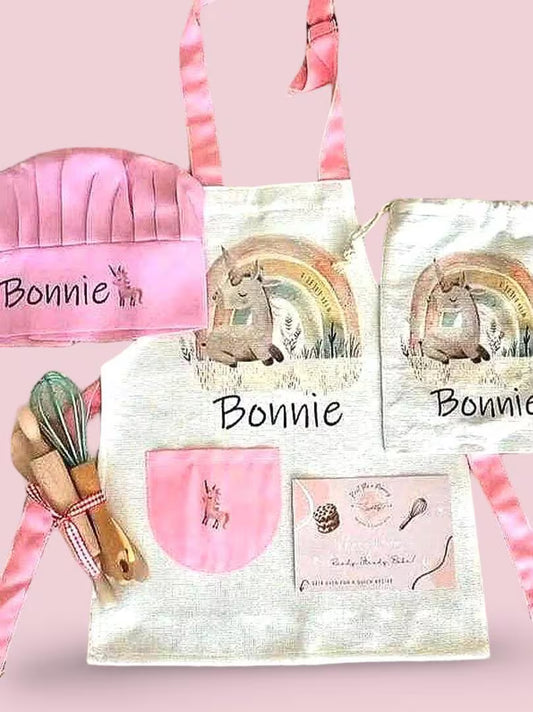 Personalized Kids Unicorn Apron & Chef Hat Set | Custom Pink Linen