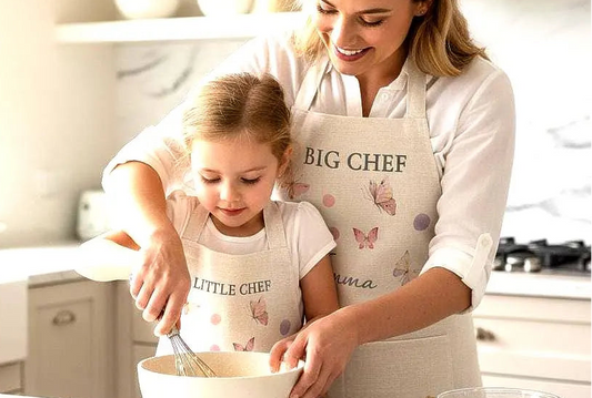 Cute Butterflies baking with mum - Personalised Kids Adult Linen Baking Set