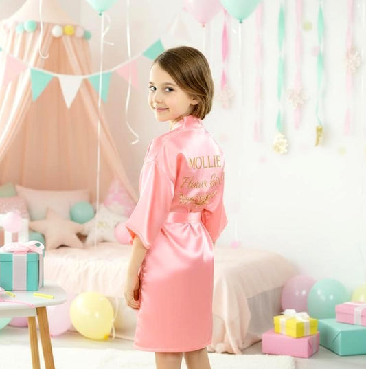 Personalised Flower Girl Satin Robe: Custom Wedding Morning Spa Gift