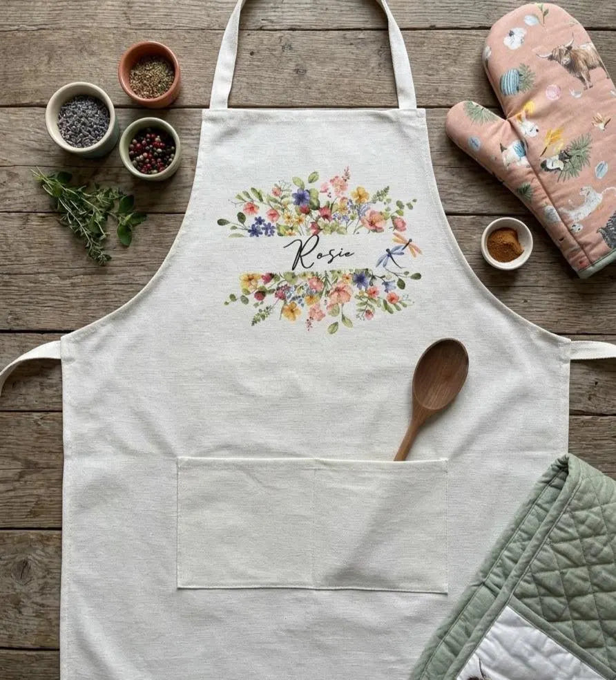Personalised Wildflower Apron and Waffle Tea Towel Set, Custom Floral Kitchen Duo