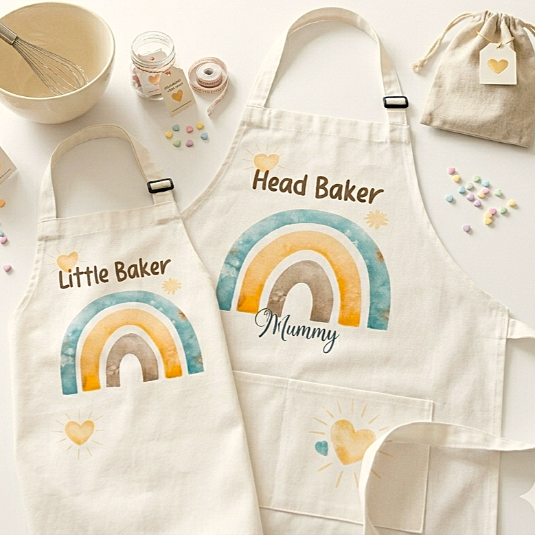 Two cream canvas baking aprons laid flat on a white surface, printed with watercolor-style rainbow designs and the words 'Little Baker' and 'Head Baker Mummy.' Surrounding props include a whisk, jars, candy pieces, a drawstring bag, and small pastel accents.