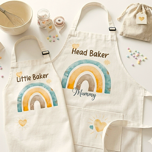 Two cream canvas baking aprons laid flat on a white surface, printed with watercolor-style rainbow designs and the words 'Little Baker' and 'Head Baker Mummy.' Surrounding props include a whisk, jars, candy pieces, a drawstring bag, and small pastel accents.