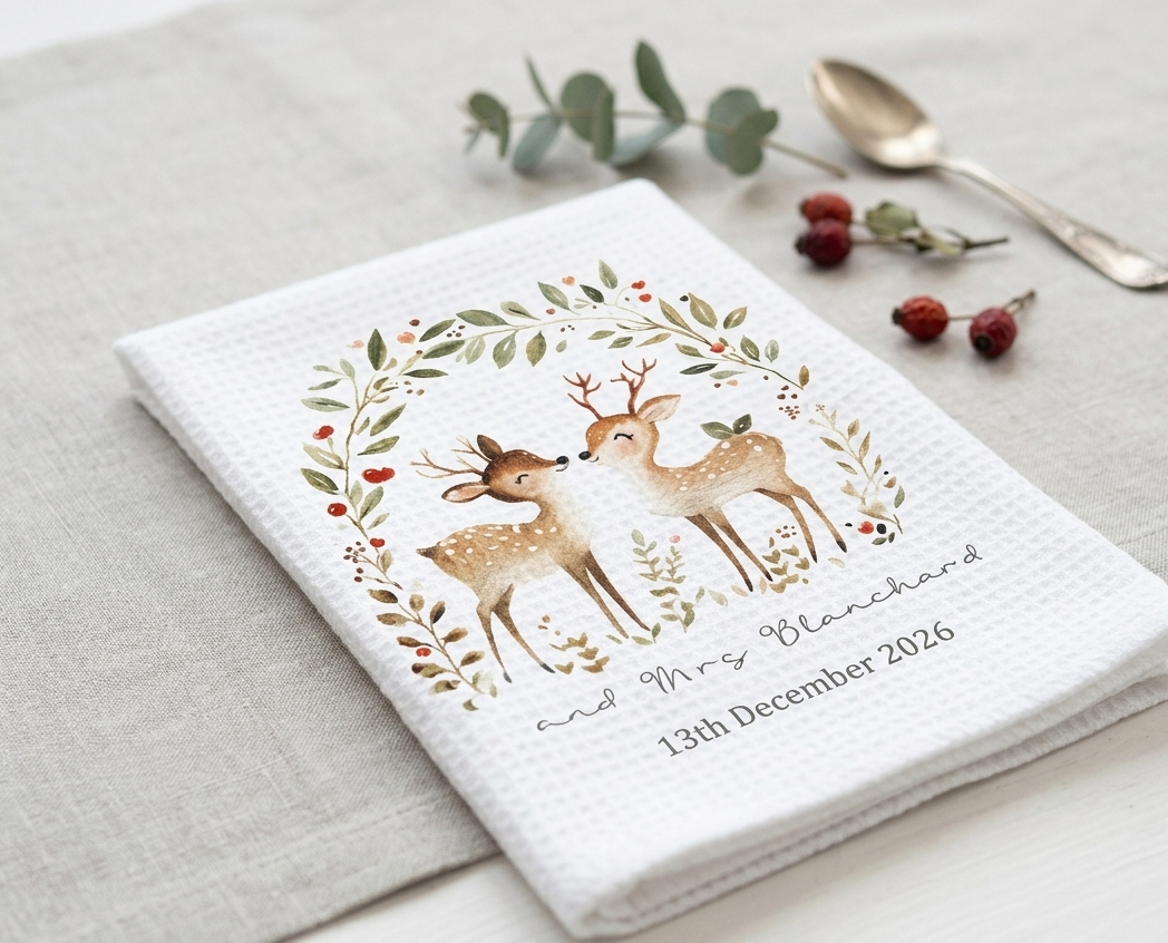 A folded white waffle-weave tea towel with a personalized woodland deer illustration and the text 'and Mrs Blanchard 13th December 2026', styled on a light linen surface with a spoon, eucalyptus sprig, and small red berries.