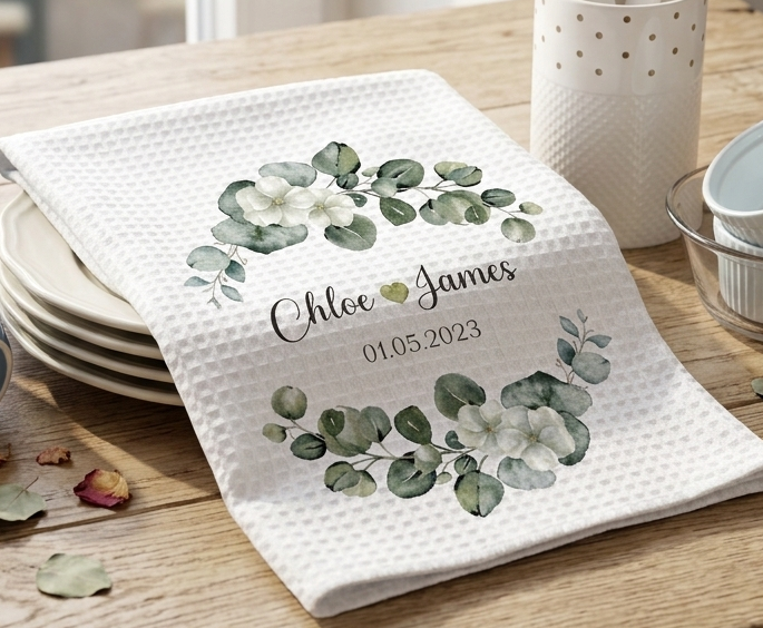 White towel with green leaf design and personalized text on a wooden table.