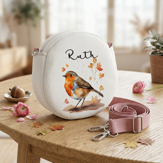 Personalised Robin Crossbody Bag, Custom Name Round Shoulder Bag for Teens and Adults, Bird Lover Gift,  Botanical Circle Purse