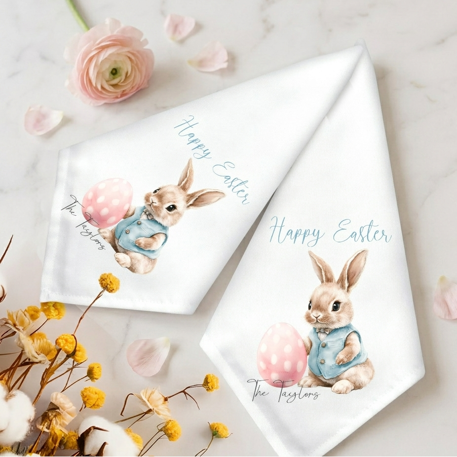 Two white napkins with Easter-themed designs featuring bunnies and 'Happy Easter' text on a marble surface.