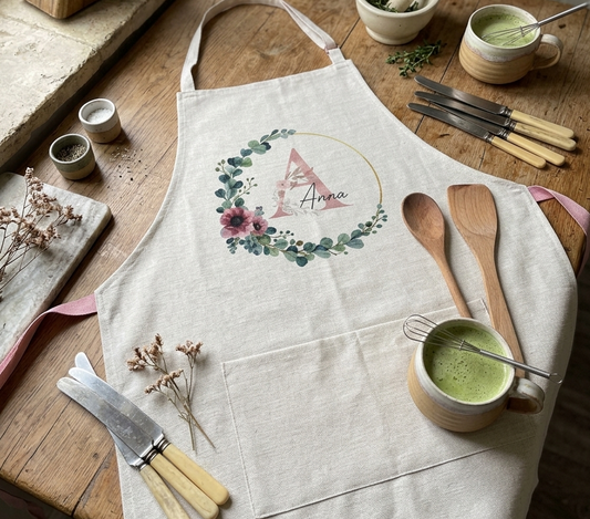 Personalised Pink Floral Design Quality Linen Apron Gift Set