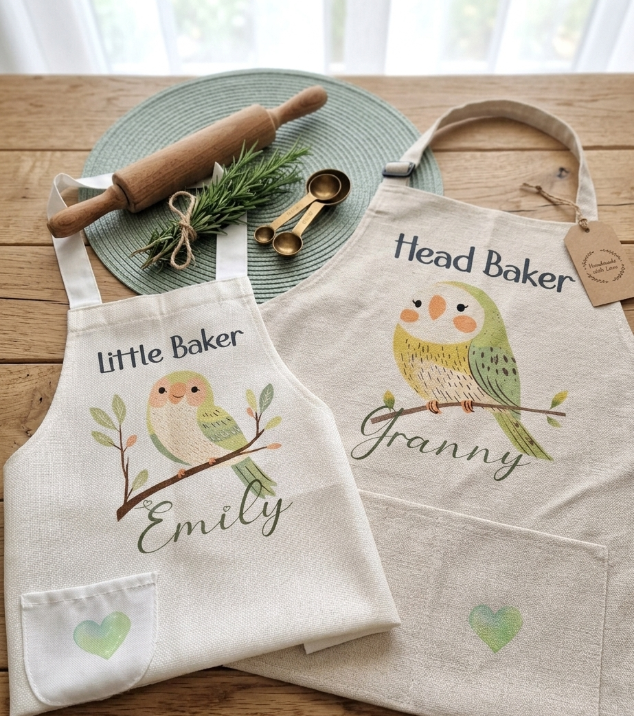 Two personalized canvas kitchen aprons laid flat on a wooden table. The smaller apron says 'Little Baker Emily' with a bird illustration, and the larger apron says 'Head Baker Granny' with an owl illustration.