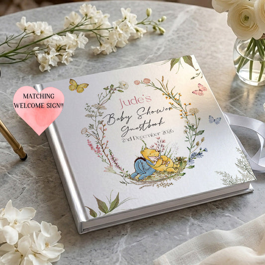 personalised pooh guestbook with floral wreath