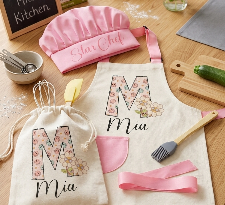 Floral Initial  - Personalised Kids Apron and Chef Hat Set, Custom Name Star Baker Utensils for Girls