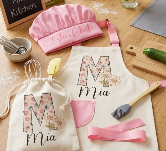 Floral Initial  - Personalised Kids Apron and Chef Hat Set, Custom Name Star Baker Utensils for Girls