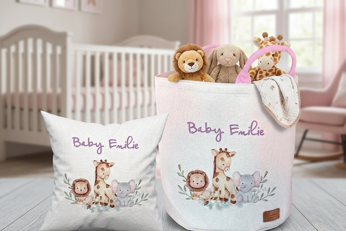 Baby nursery with personalized pillow and storage bin featuring cartoon animals and 'Baby Emile' text.