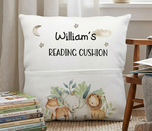 Safari Animals Personalised Nursery Pocket Reading Cushion