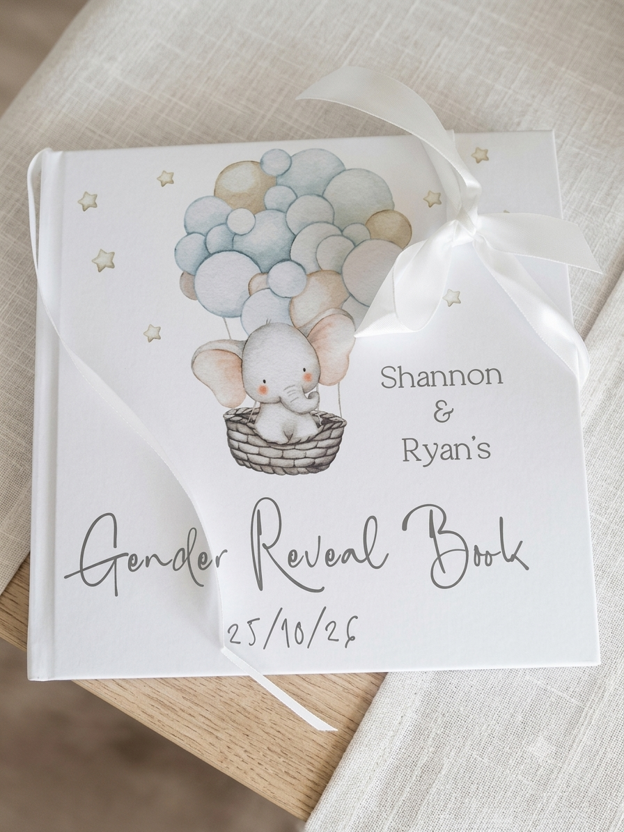 Elephant with Balloon Personalised gender Reveal Guestbook with Ribbon