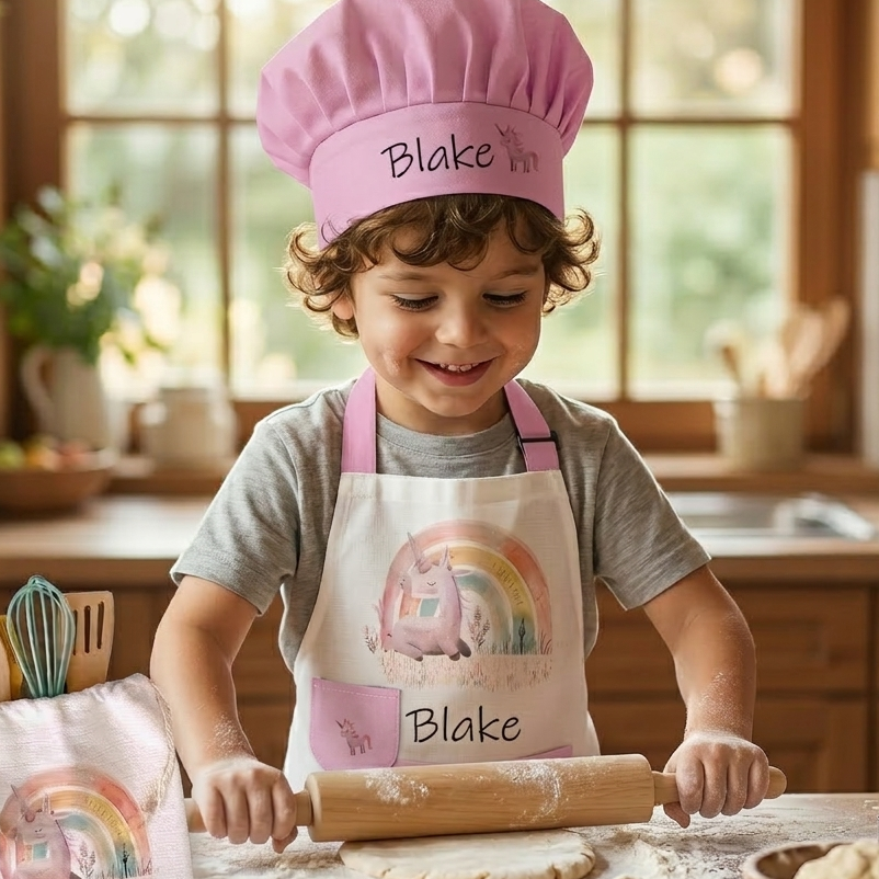 Child in a kitchen wearing a pink chef's hat and apron with 'Blake' on them, rolling out dough.