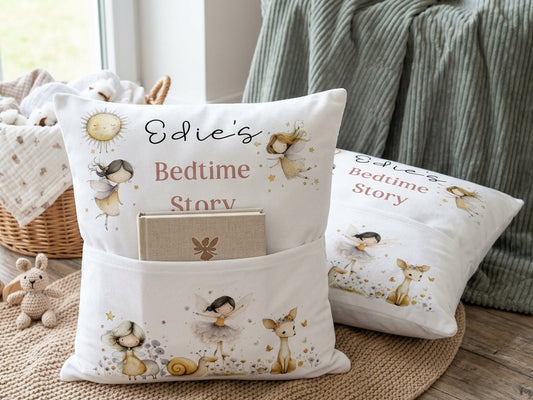 Two personalized white throw pillows with fairy illustrations and a front pocket holding a book, styled on a woven rug in a nursery-like room with a basket, toys, and a green corduroy blanket in the background.