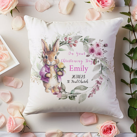 Pink Bunny Design Christening Gift Cushion