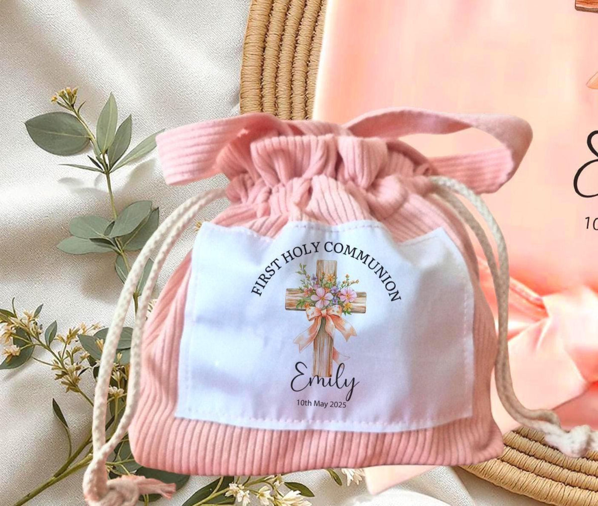 Personalised First Communion Dressing Gown Bag set: Floral Cross Pouch brush baptism Keepsake Gift