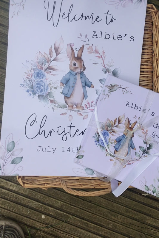 Blue Rabbit With Wreath Christening Guestbook with Ribbon