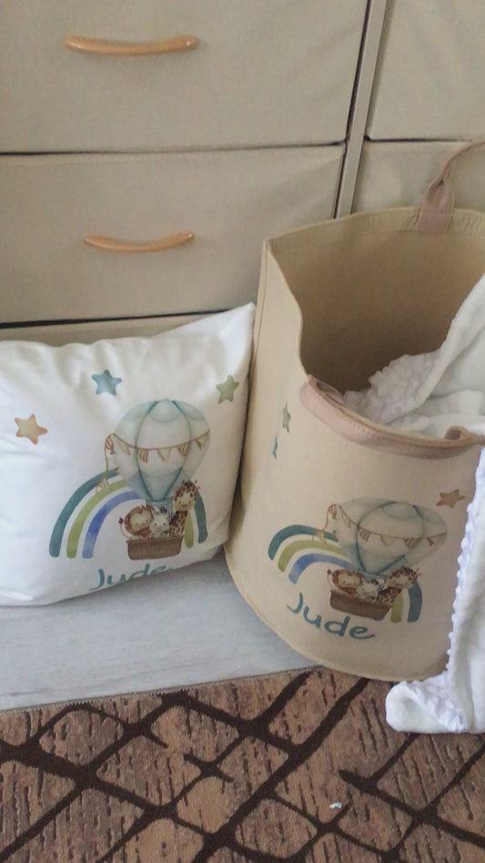 Personalised Kids safari Hot Air Balloon Design Large Toy basket Gift Set With Cushion