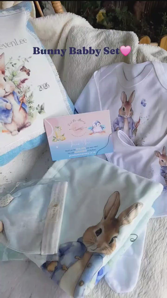 Personalised Floral Blue Rabbit Baby Blanket Romper Set