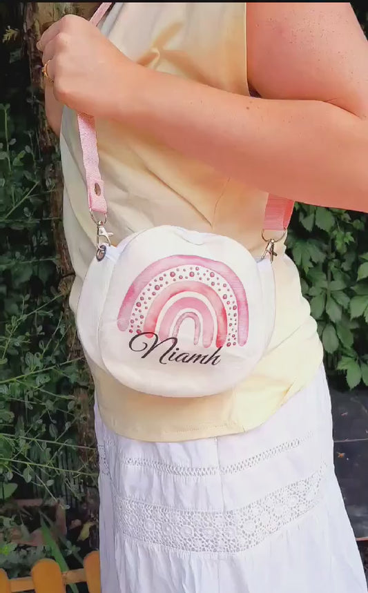 Personalised Rainbow Watercolour  Round Crossbody Bag - Custom Youth Travel Case - Whimsical Gift for teen girl