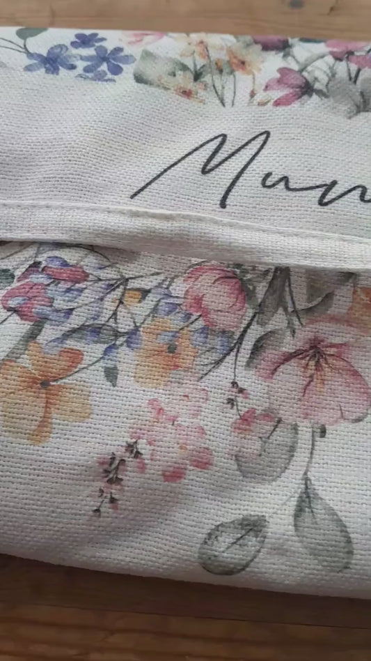 Personalised Wildflower Apron and Waffle Tea Towel Set, Custom Floral Kitchen Duo