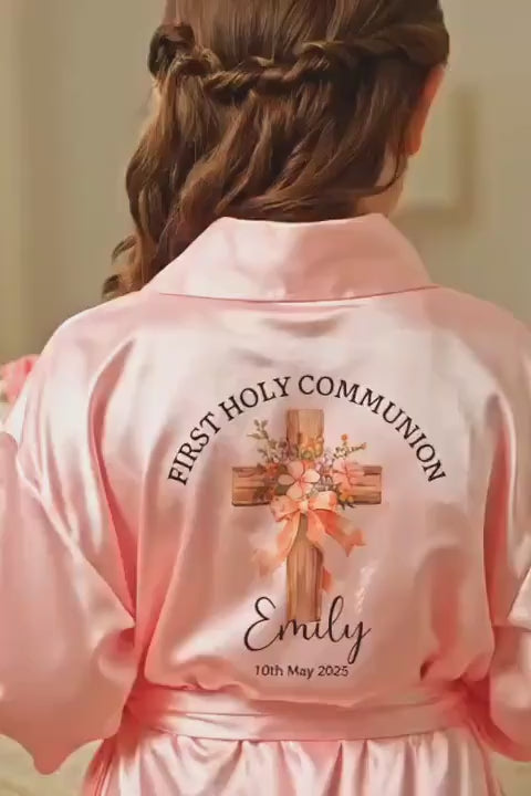 Personalised First Communion Dressing Gown Bag set: Floral Cross Pouch brush baptism Keepsake Gift