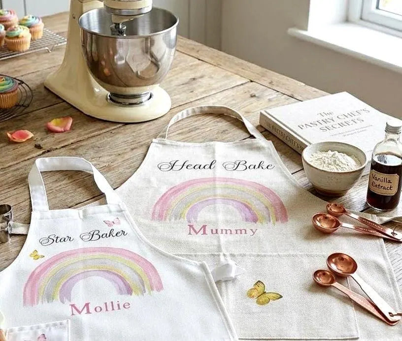 Two personalized white kitchen aprons laid out on a rustic wooden table, featuring pastel rainbow designs and the names 'Star Baker' and 'Mummy' with 'Mollie' below. A cream stand mixer, baking ingredients, measuring cups, and a book are arranged around them in a bright kitchen setting.