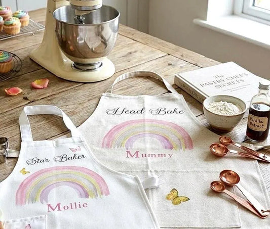 Two personalized white kitchen aprons laid out on a rustic wooden table, featuring pastel rainbow designs and the names 'Star Baker' and 'Mummy' with 'Mollie' below. A cream stand mixer, baking ingredients, measuring cups, and a book are arranged around them in a bright kitchen setting.