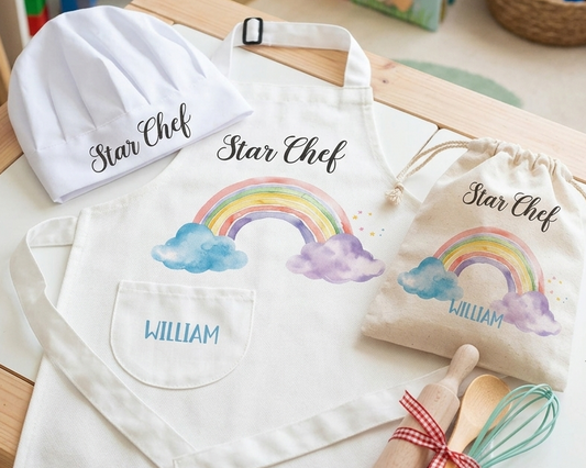 Rainbow Print Personalised Kids Linen Blue pocket Baking Set