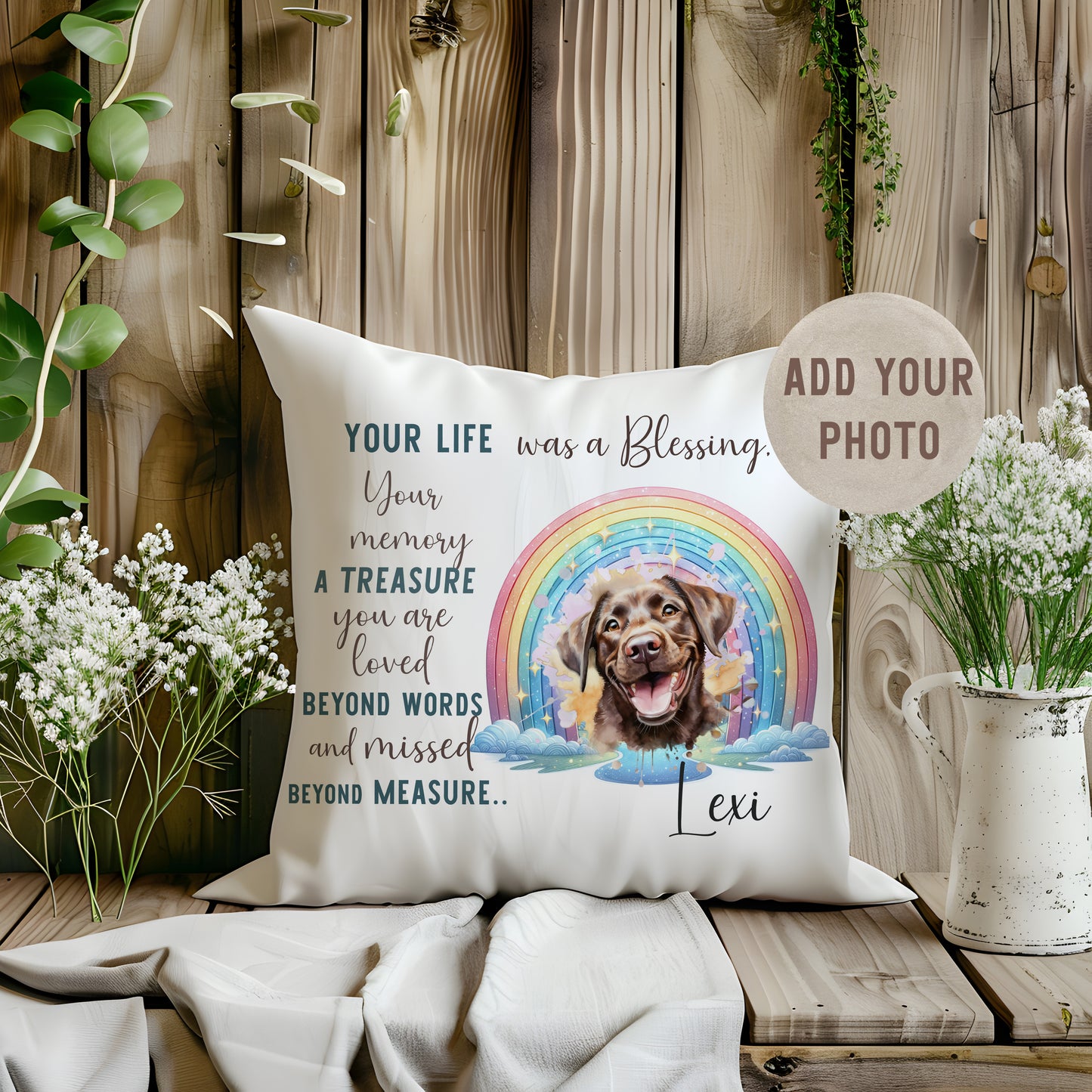 Your Own Photo Personalised Dog Cushion Gift With Rainbow Design