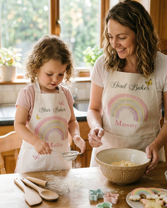 Personalised Mommy and Me Matching Baking Apron Set Custom Name Rainbow Little Baker Gift