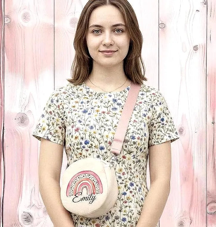 Personalised Rainbow Watercolour  Round Crossbody Bag - Custom Youth Travel Case - Whimsical Gift for teen girl