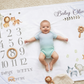 A baby lying on a personalized baby milestone blanket with animal illustrations and a countdown calendar, styled on a beige carpet with wooden toys and a muslin cloth.