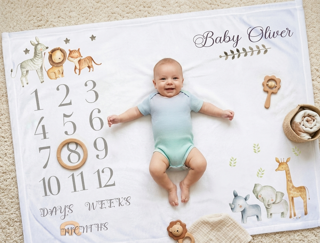 A baby lying on a personalized baby milestone blanket with animal illustrations and a countdown calendar, styled on a beige carpet with wooden toys and a muslin cloth.