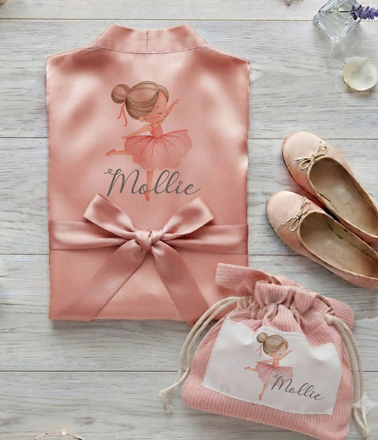 Personalised Ballerina Robes Set with Pouch, Custom Bridesmaid make up  Bag, little dancer gift