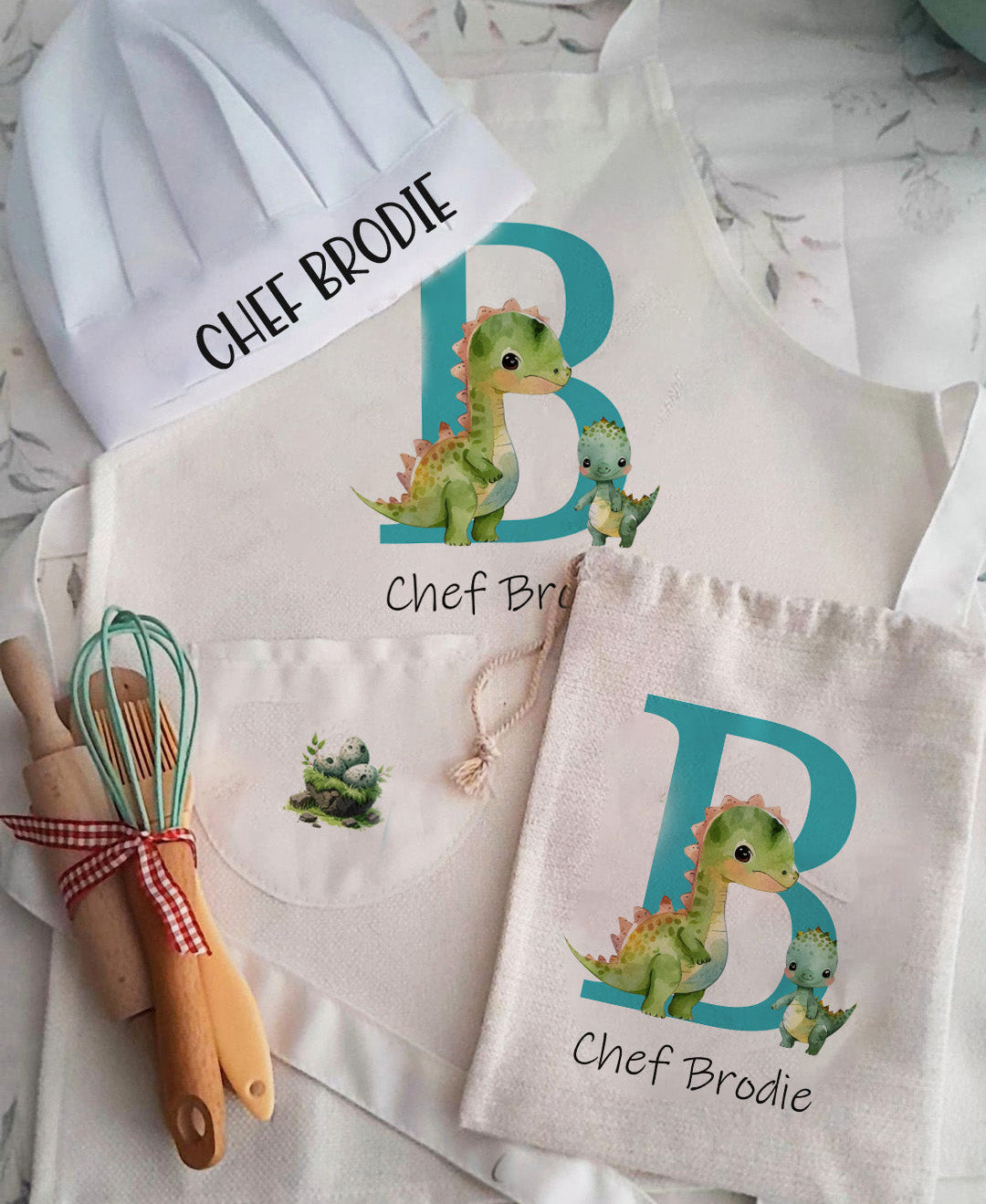 Personalised Kids Dinosaur Chef Hat and Apron Set - Custom Name Baking Kit for Boys & Girls