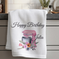 Personalised waffle weave birthday tea towel featuring a pink watercolour stand mixer with flowers and the name Julia.