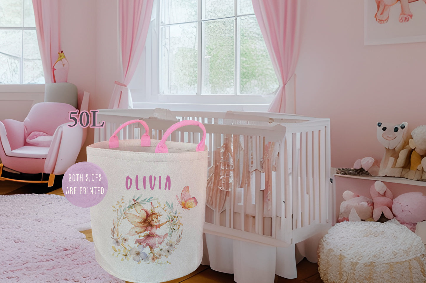 Personalised Floral Wreath Fairy Pink Large Toy basket Gift Set