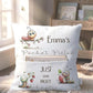 A personalized pocket pillow displayed in a cozy room setting. The white pillow features printed cartoon illustrations of a pink caterpillar and a green ladybug with the text 'Emma's Pocket Pillow' and 'JUST ONE MORE chapter' in a whimsical font.